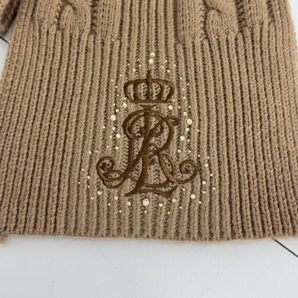 LAUREN RALPH LAUREN Women's Knit Cable Scarf Cream Crest Logo Rhinestones - Picture 4 of 4